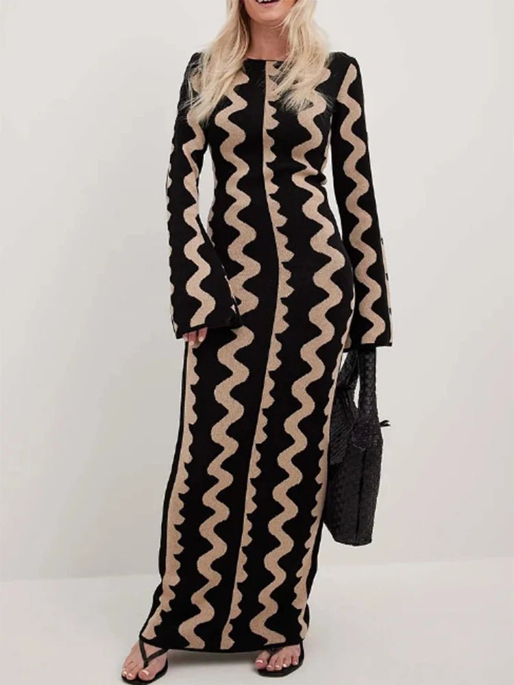 Robe Rayée Vintage Maxi – Robe Rétro Élégante Taille Haute - deslyshopping