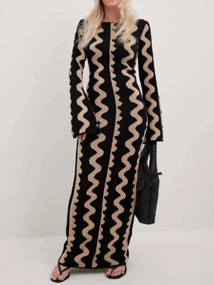 Robe Rayée Vintage Maxi – Robe Rétro Élégante Taille Haute - deslyshopping