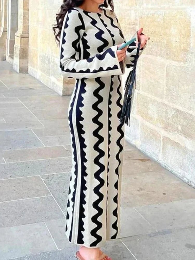 Robe Rayée Vintage Maxi – Robe Rétro Élégante Taille Haute - deslyshopping