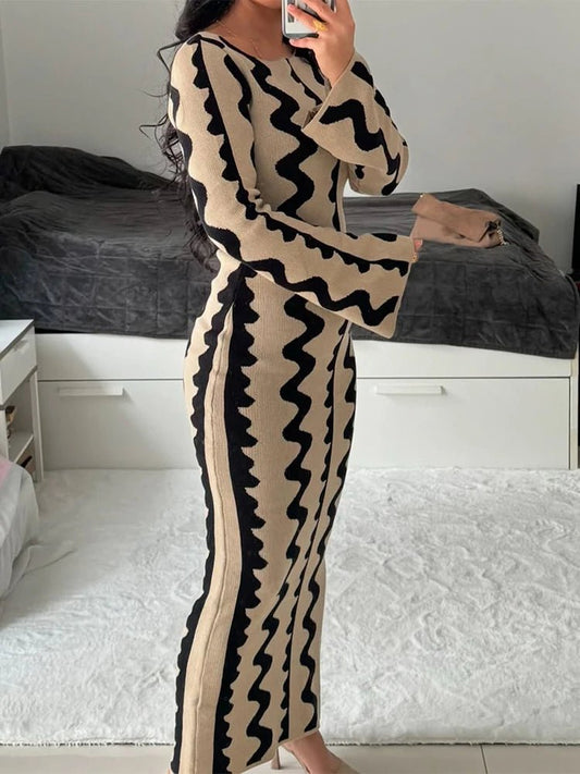 Robe Rayée Vintage Maxi – Robe Rétro Élégante Taille Haute - deslyshopping