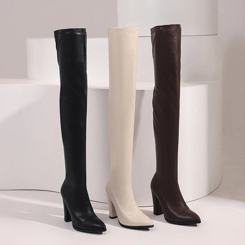 Sgesvier Sexy Thigh High Boots Women Elastic Leather High Heels Over - deslyshopping