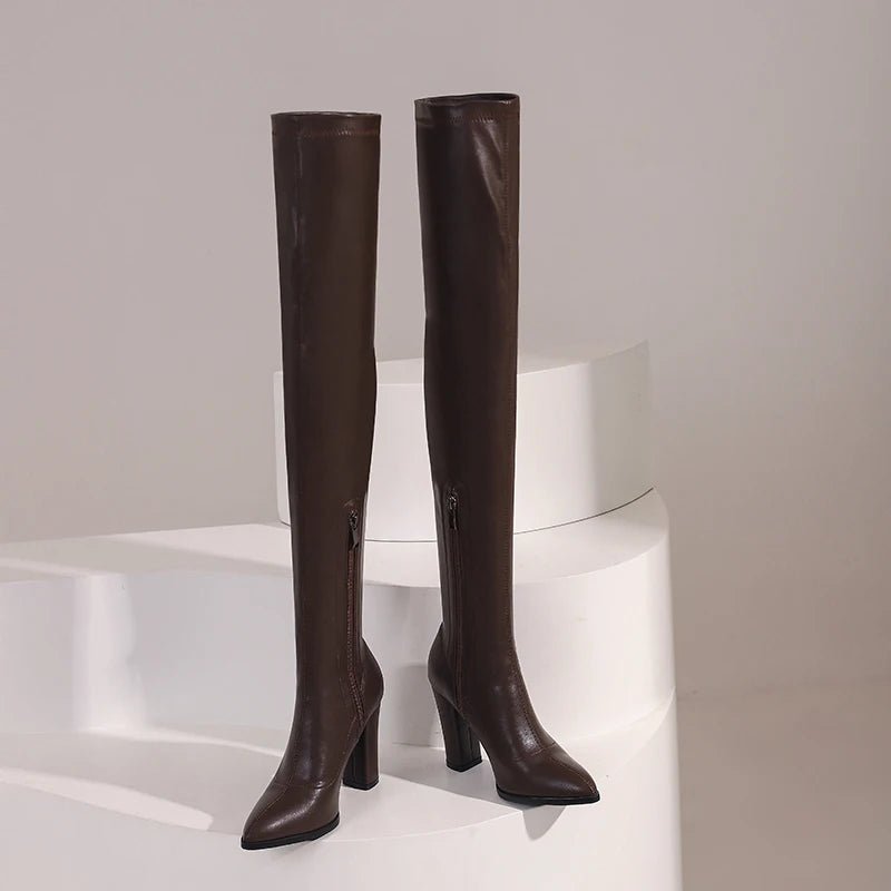 Sgesvier Sexy Thigh High Boots Women Elastic Leather High Heels Over - deslyshopping