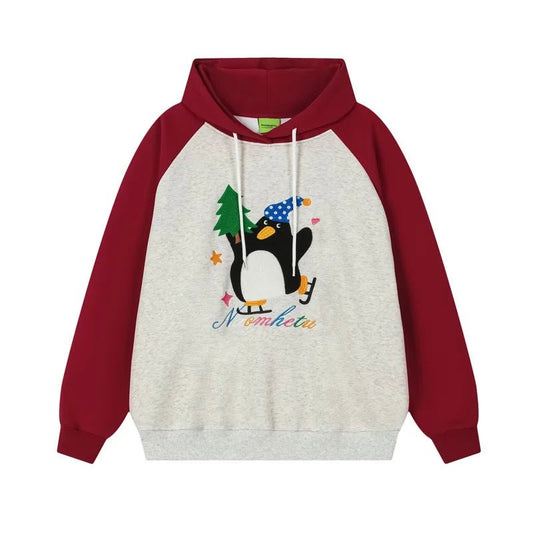 Sweat à capuche rétro à broderie pingouin - deslyshopping