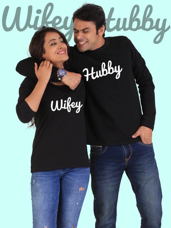 T-shirt Manches Longues "Hubby Wifey Couple" - Noir - deslyshopping