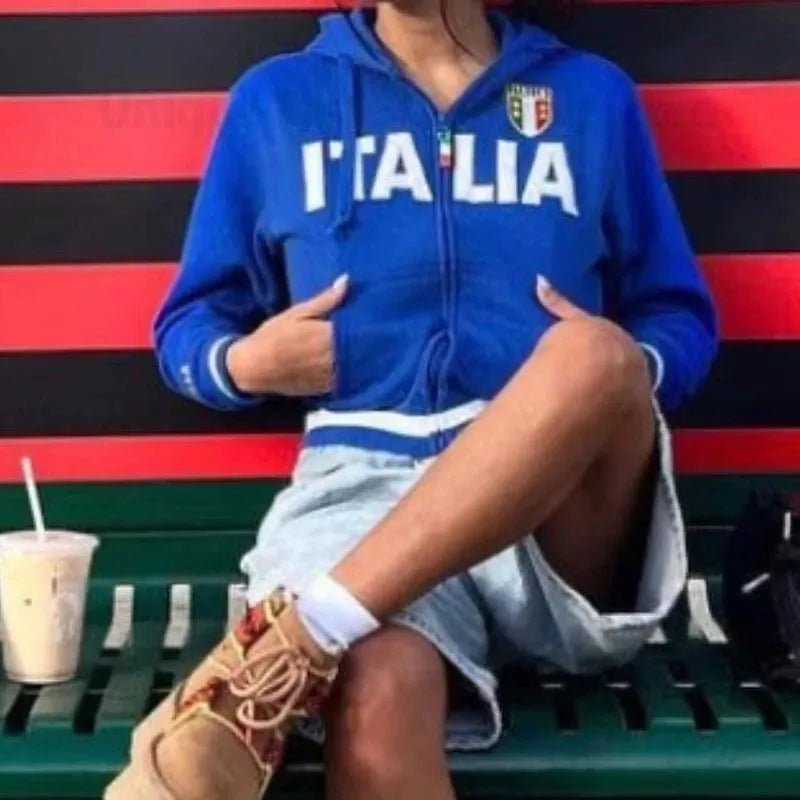 Veste à capuche à motif brodé Italie Y2k - deslyshopping