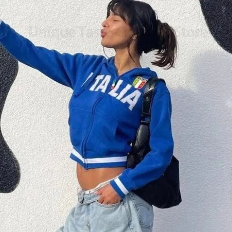 Veste à capuche à motif brodé Italie Y2k - deslyshopping