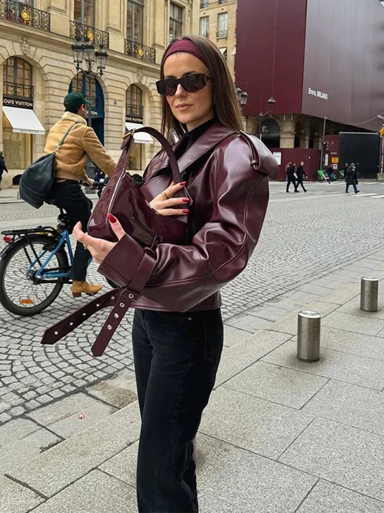 Veste courte en cuir à manches longues - deslyshopping