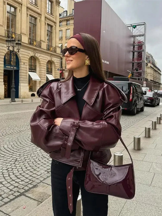 Veste courte en cuir à manches longues - deslyshopping