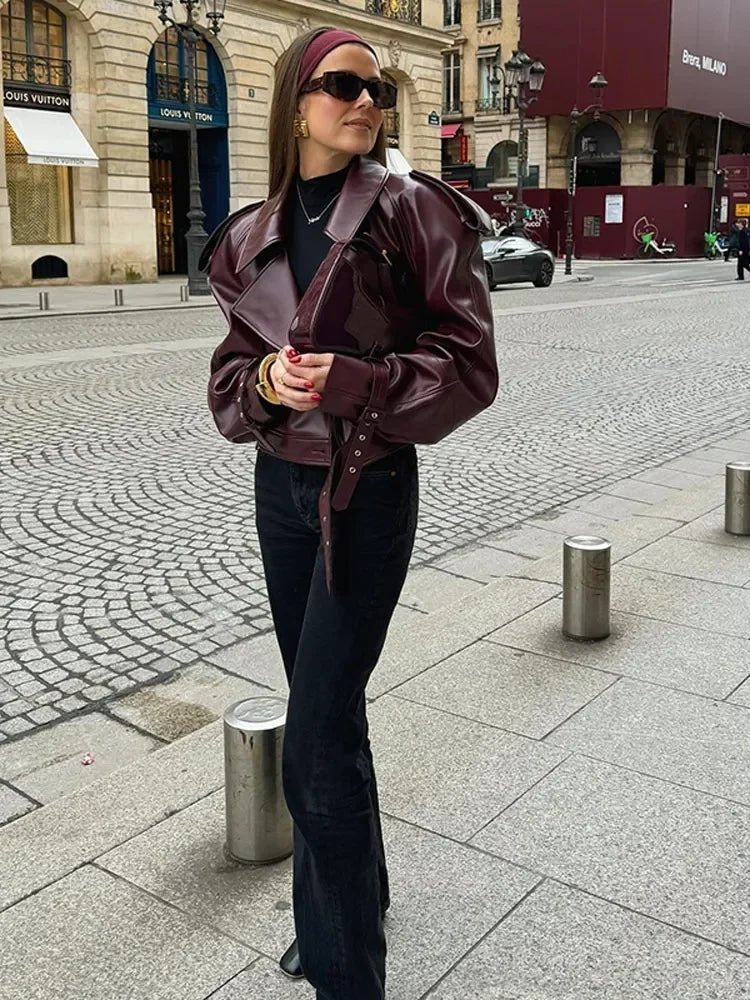Veste courte en cuir à manches longues - deslyshopping