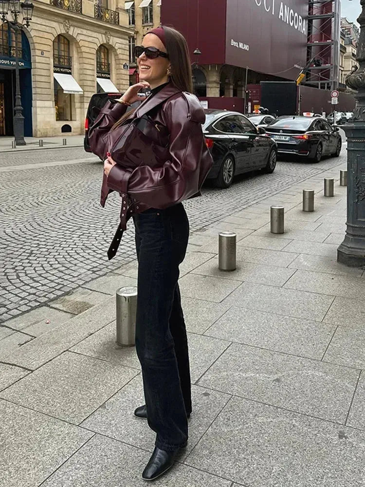 Veste courte en cuir à manches longues - deslyshopping